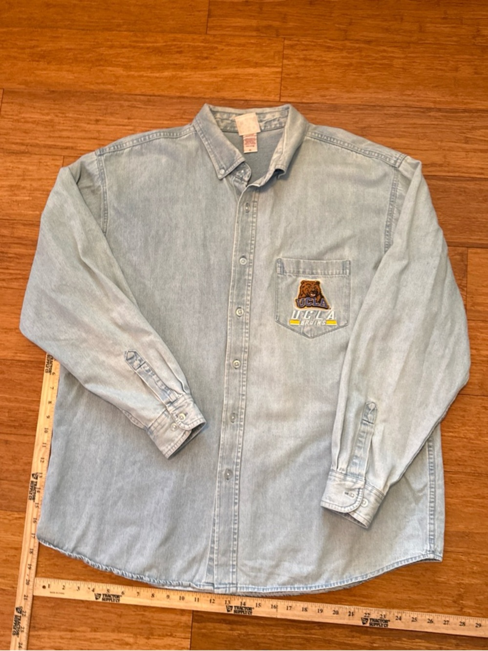 UCLA Embroidered Denim Button-Up Shirt - Light Blue Red Oak XL